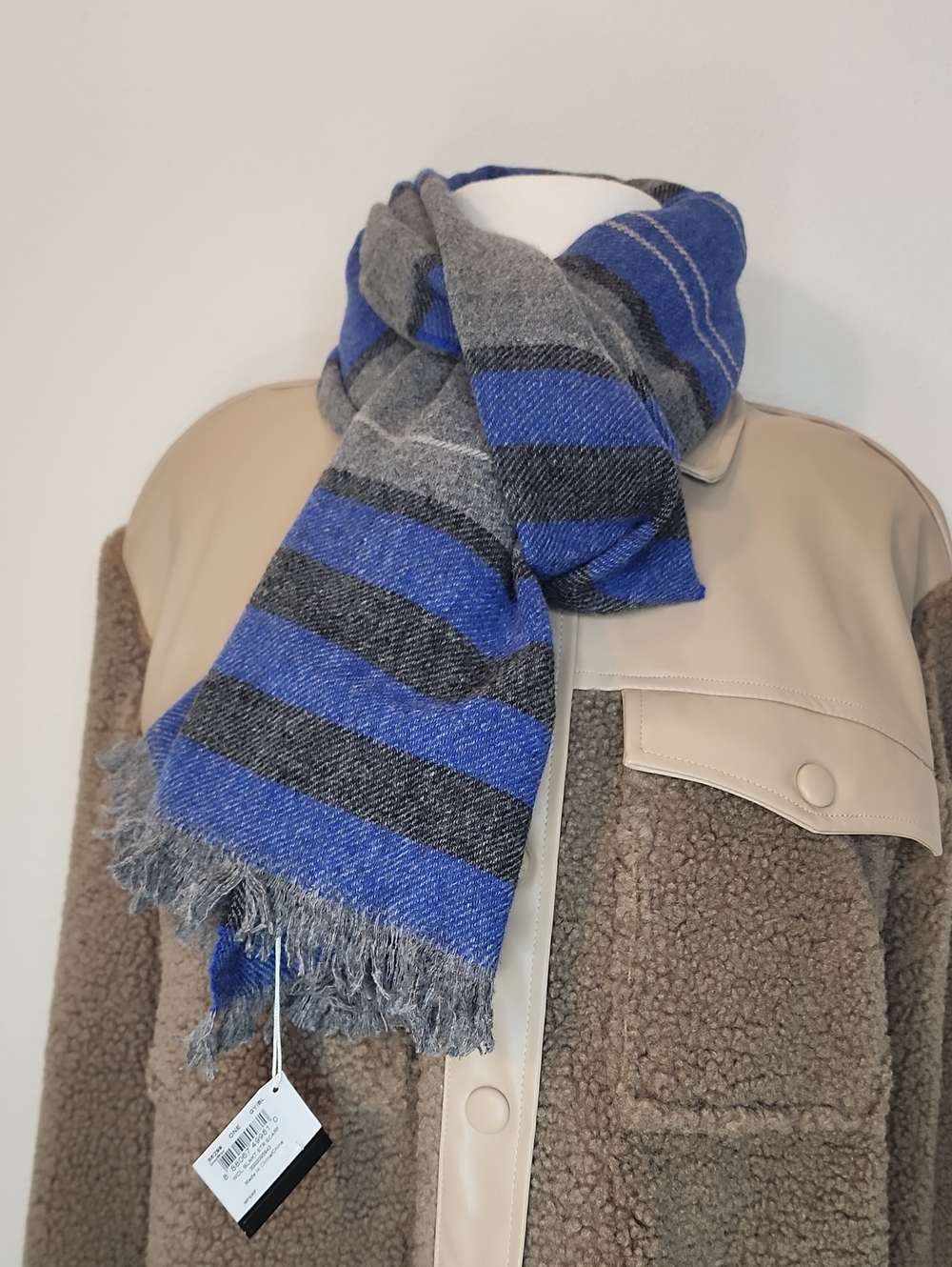 Coach Blue and Gray Striped Wool Scarf